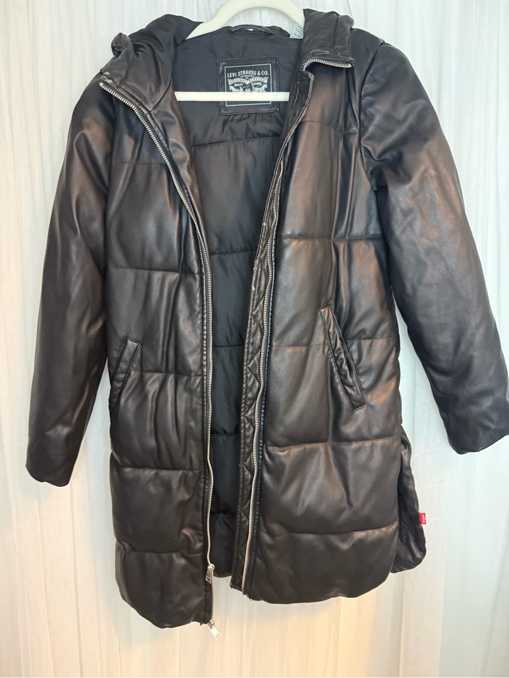 Levi's Faux Leather Long Quilted Hooded Puffer Jacket Black XS